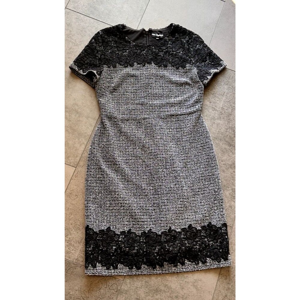 Karl Lagerfeld Dress 10 Gray Tweed Lace Appliqué Classic old money minimalist